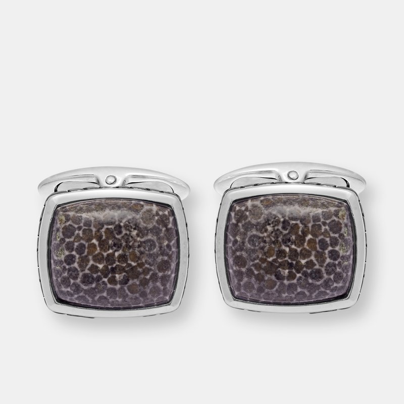 Luvmyjewelry Fossil Agate Stone Cufflinks In Black Rhodium Plated Sterling Silver