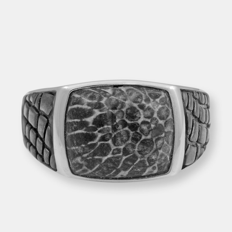 Luvmyjewelry Fossil Agate Stone Signet Ring In Black Rhodium Plated Sterling Silver In Grey
