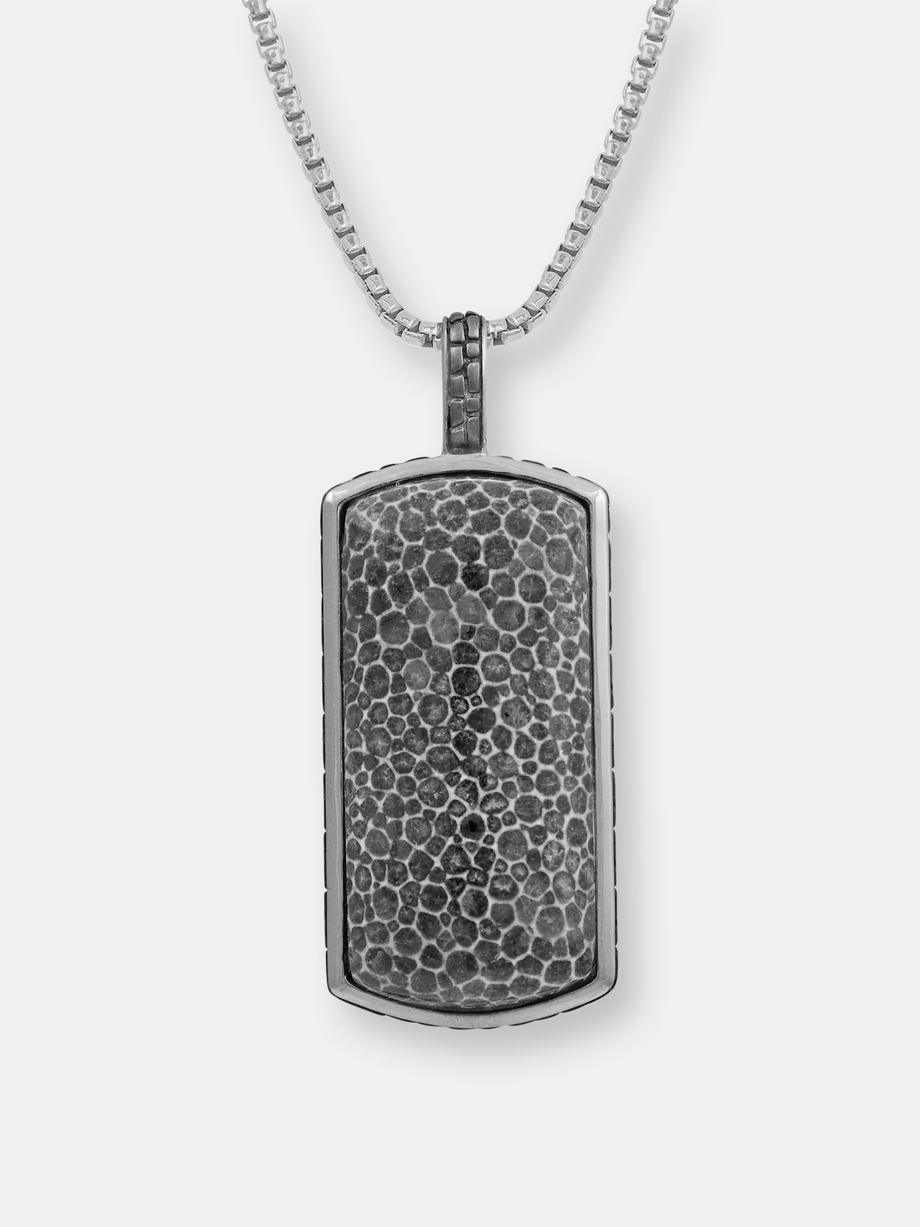 LUVMYJEWELRY LUVMYJEWELRY FOSSIL AGATE STONE TAG IN BLACK RHODIUM PLATED STERLING SILVER