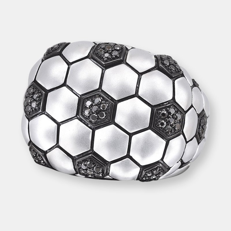 Luvmyjewelry Kick & Goal Soccer Black Rhodium Plated Sterling Silver Black Diamond Head Ring In Grey