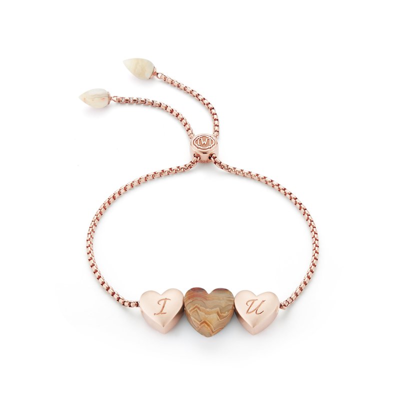 LUVMYJEWELRY LUV ME LACE AGATE BOLO ADJUSTABLE I LOVE YOU HEART BRACELET IN 14K ROSE GOLD PLATED STERLING SILVER