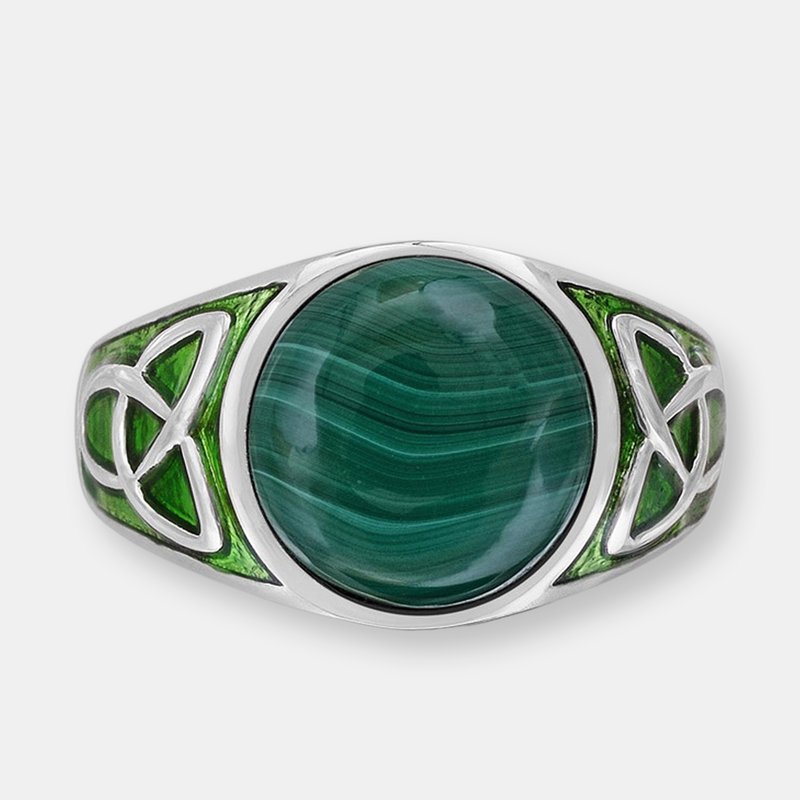 Luvmyjewelry Malachite Cabochon Flat Back Stone Signet Ring In Sterling Silver With Enamel In Grey