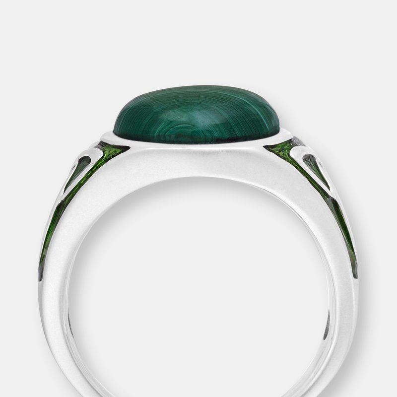 Shop Luvmyjewelry Malachite Cabochon Flat Back Stone Signet Ring In Sterling Silver With Enamel In Grey