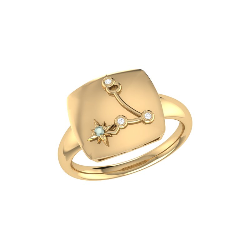 Luvmyjewelry Pisces Two Fish Aquamarine & Diamond Constellation Signet Ring In 14k Yellow Gold Vermeil On Sterlin