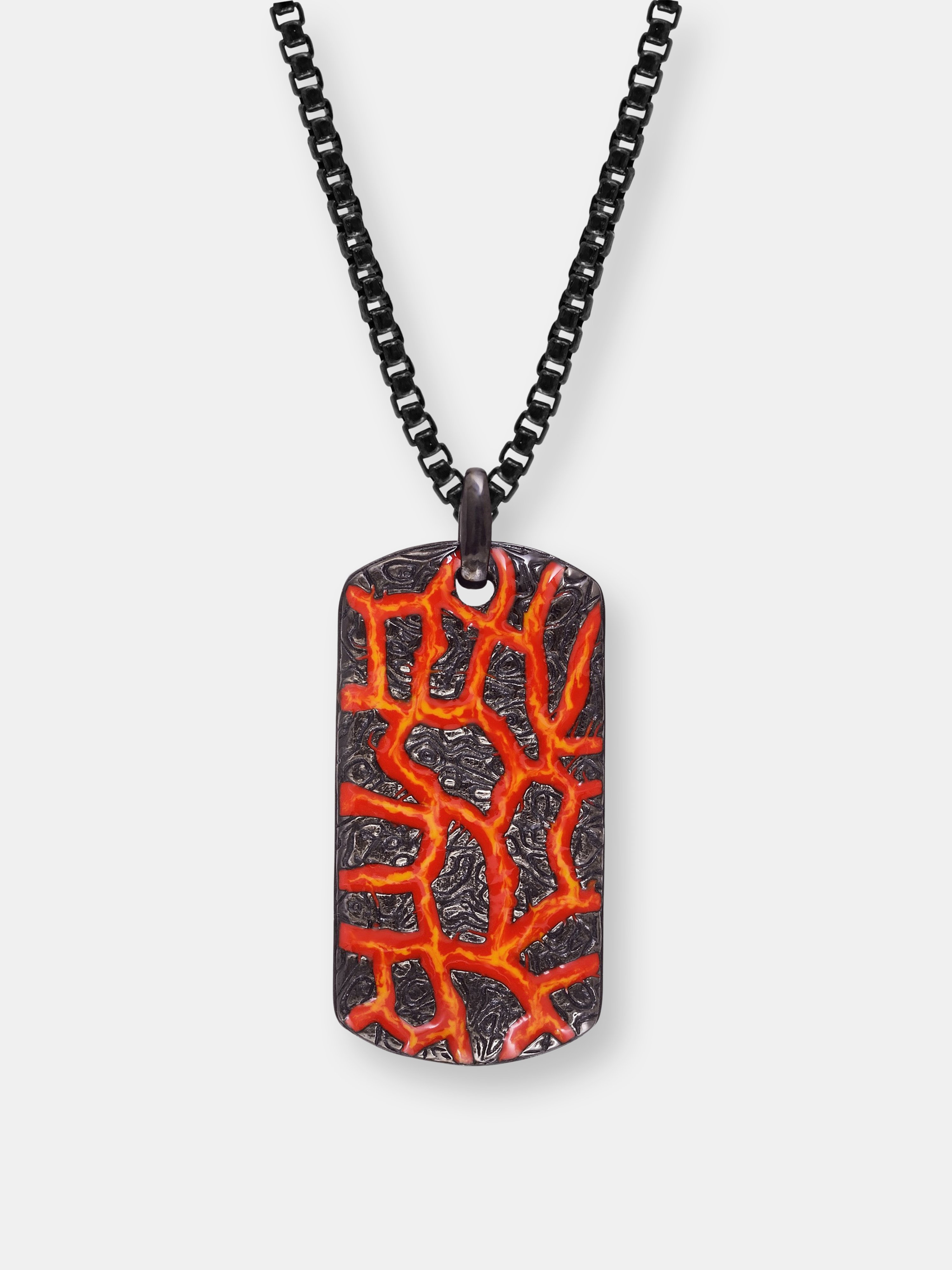 LUVMYJEWELRY LUVMYJEWELRY RIVERS OF FIRE BLACK RHODIUM PLATED STERLING SILVER TEXTURED RED ORANGE ENAMEL TAG