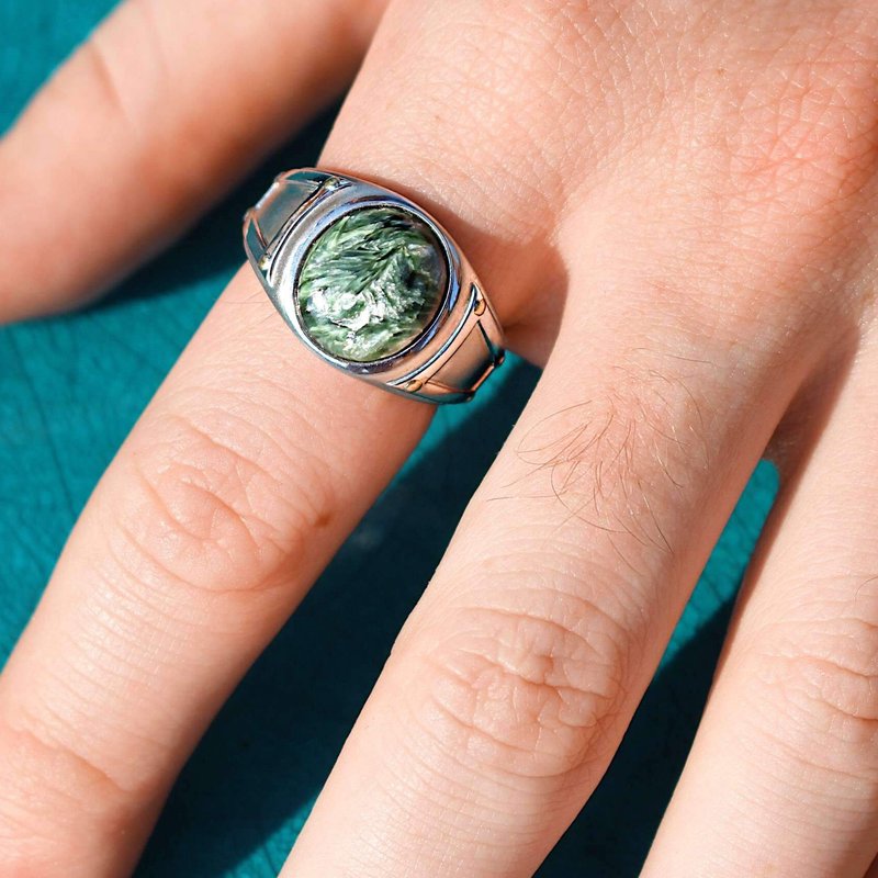 Shop Luvmyjewelry Seraphinite Iconic Stone Signet Ring In Sterling Silver In Grey