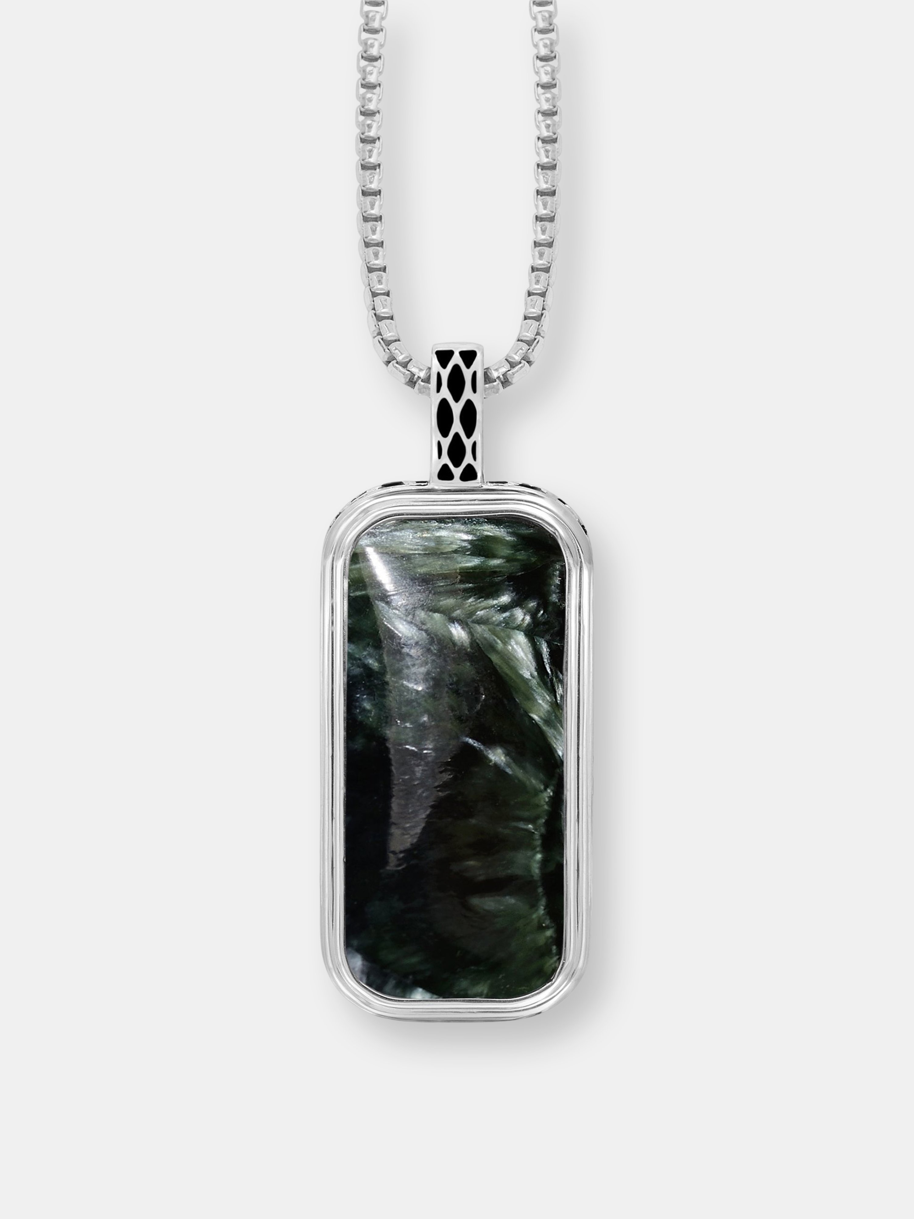 LUVMYJEWELRY LUVMYJEWELRY SERAPHINITE STONE TAG IN BLACK RHODIUM PLATED STERLING SILVER