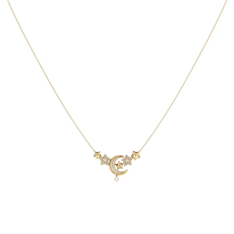 Luvmyjewelry Star Cluster Moon Crescent Diamond Necklace In 14k Yellow Gold Vermeil On Sterling Silv