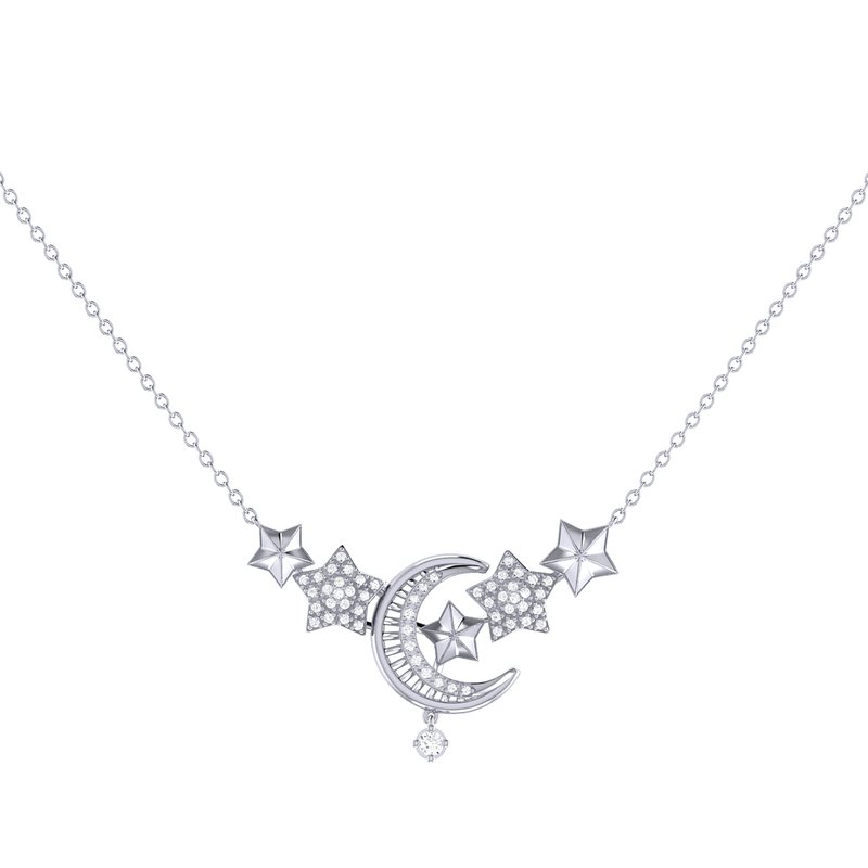 Luvmyjewelry Star Cluster Moon Crescent Diamond Necklace In Sterling Silver In Grey