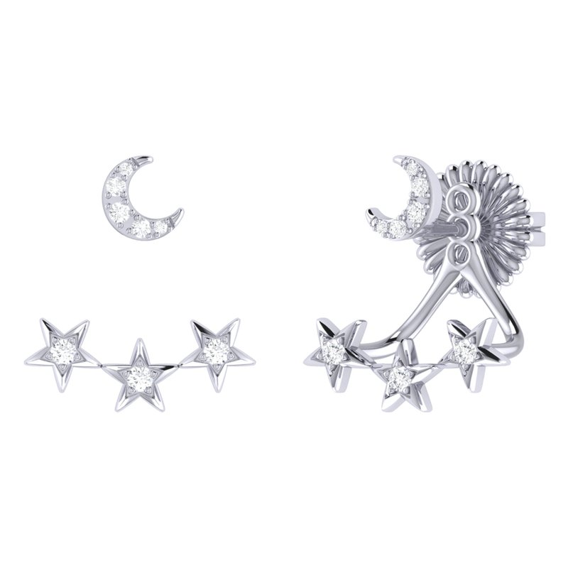 Luvmyjewelry Star Trio Crescent Diamond Stud Earrings In Sterling Silver In Grey