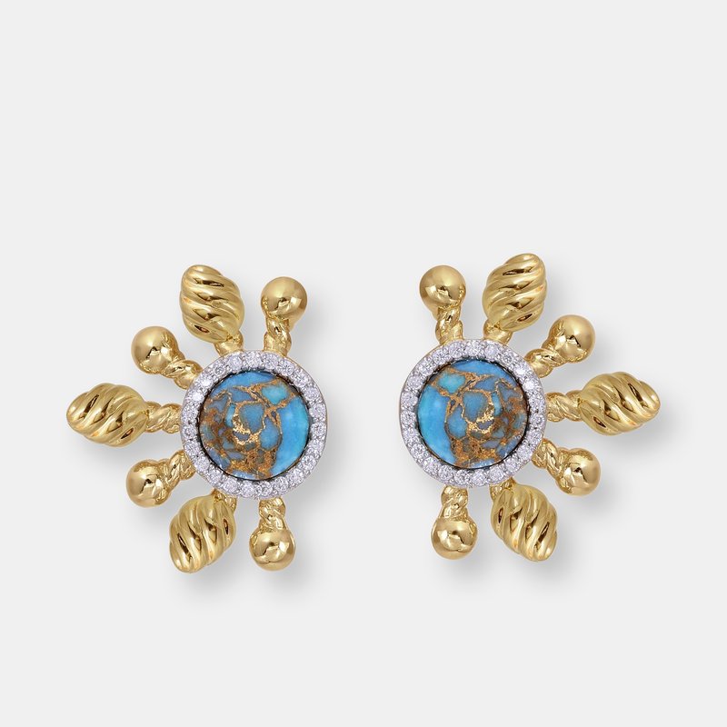 Shop Luvmyjewelry Sun-day Turquoise & Diamond Half Sun Stud Earrings In 14k Yellow Gold Plated Sterling Silver