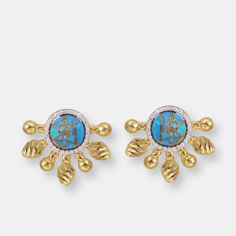 Luvmyjewelry Sun-day Turquoise & Diamond Half Sun Stud Earrings In 14k Yellow Gold Plated Sterling Silver