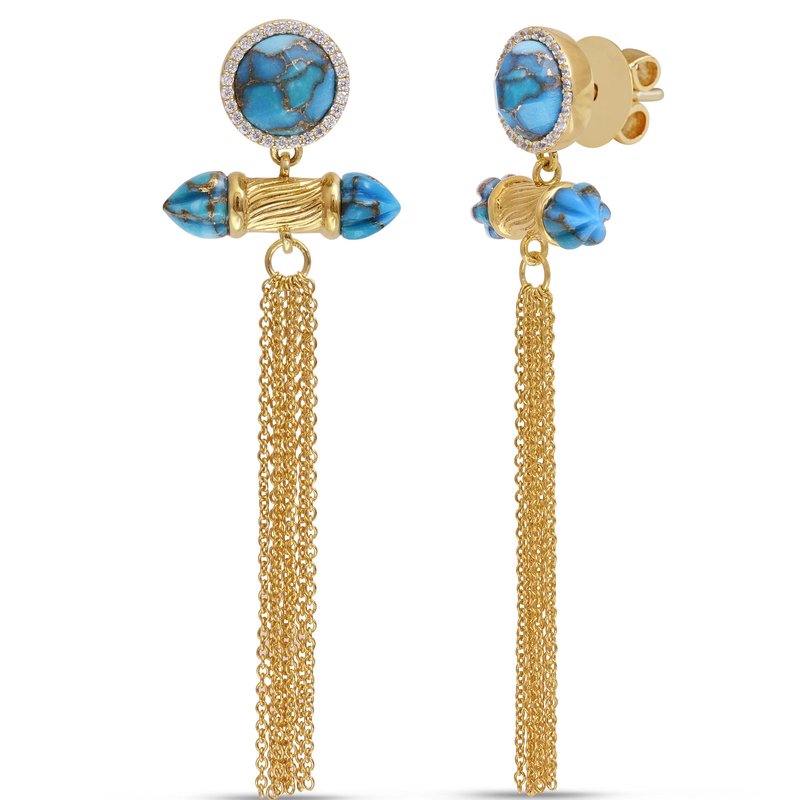 Luvmyjewelry Sunkissed Turquoise & Diamond Fringe Earrings In 14k Yellow Gold Plated Sterling Silver
