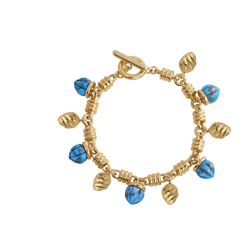 Luvmyjewelry Sunshine Twist Turquoise Charms Bracelet In 14k Yellow Gold Plated Sterling Silver