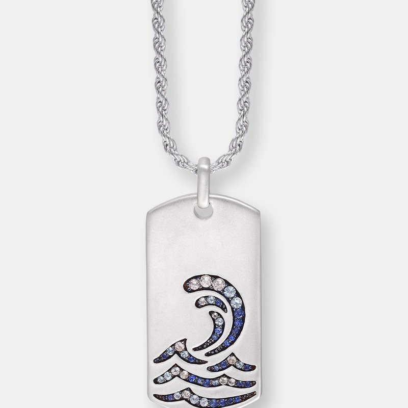 Luvmyjewelry Sterling Silver Surfrider Beach Design Blue Saphhire, White Topaz Gemstone Tag Chain In Grey