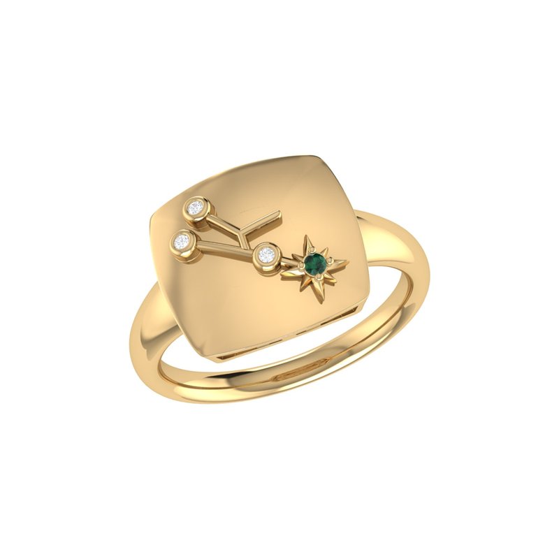 Luvmyjewelry Taurus Bull Emerald & Diamond Constellation Signet Ring In 14k Yellow Gold Vermeil On Sterling Silve