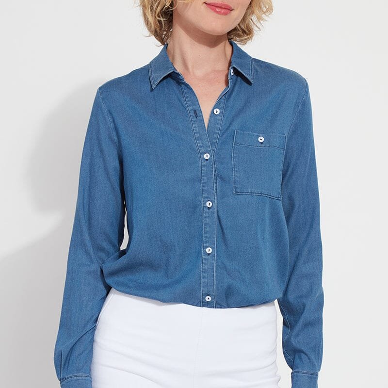 Lyssé Chambray Button Front Shirt In Blue
