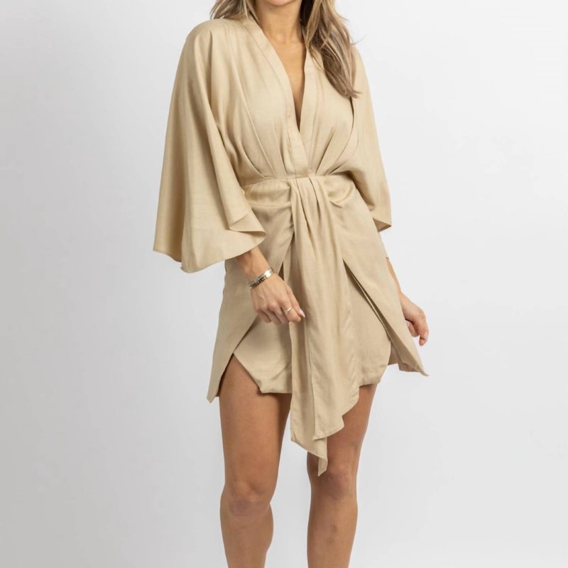 Shop Mable Linen Dolman Sleeve Mini Dress In Brown