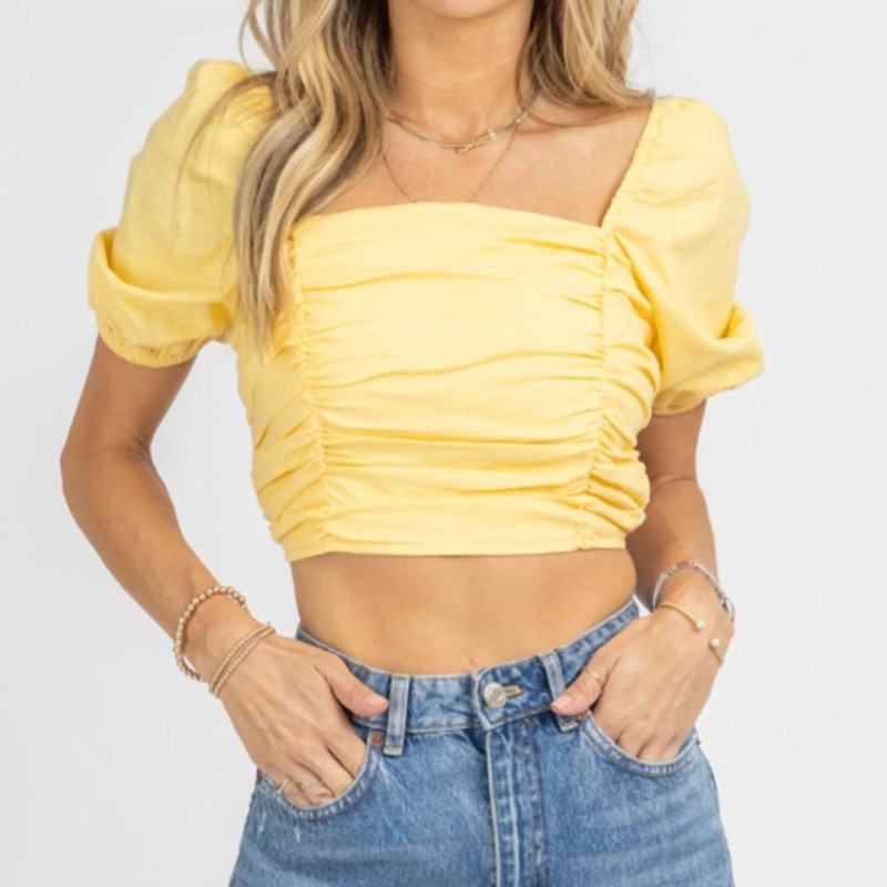 Shop Mable Linen Puff Sleeve Open-back Crop In Yellow