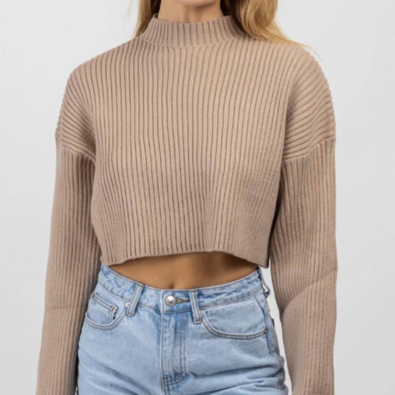 Shop Mable Mockneck Longsleeve Crop Sweater In Brown