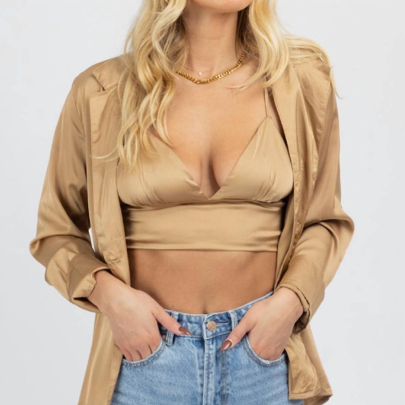 Shop Mable Satin Bralette + Button Down Set In Brown