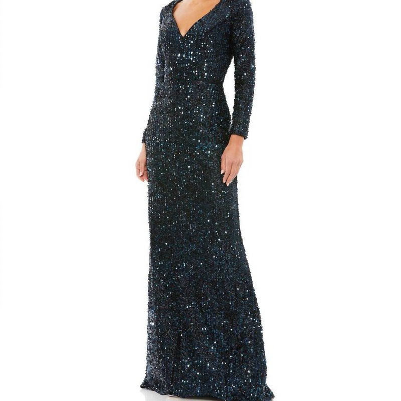 Shop Mac Duggal Long Sleeve Sequined Gown In Blue