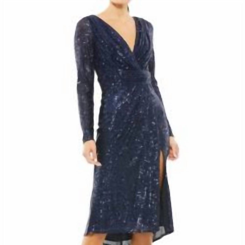 Shop Mac Duggal Sequin Long Sleeve Midi Dress In Midnight In Blue