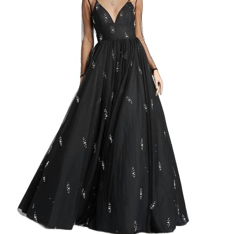 Shop Mac Duggal Sheer Sleeve Ball Gown In Black