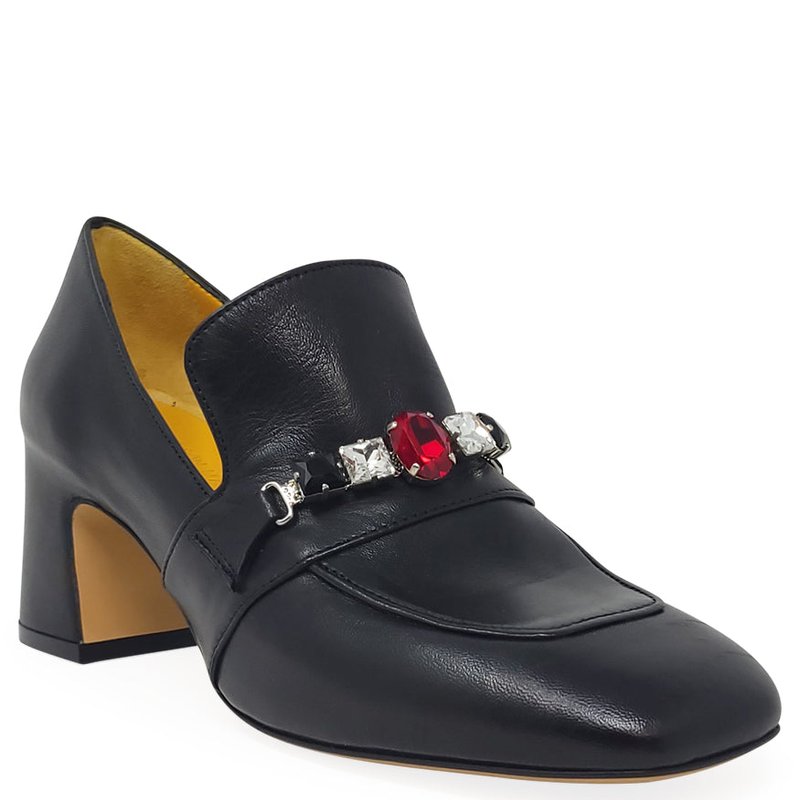 Madison Maison Black Leather Mid Heel Jeweled Loafer