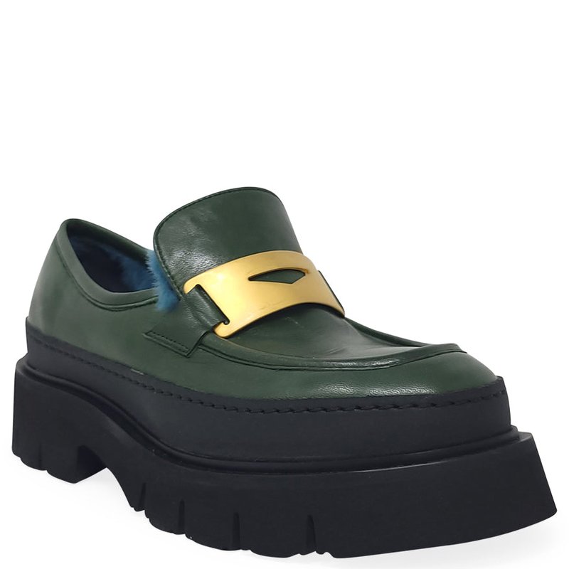 Madison Maison Green Leather Chunky Loafer With Shearling