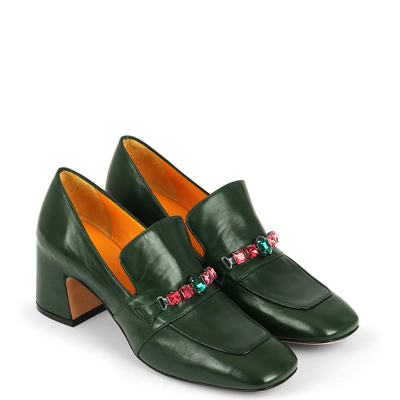 Madison Maison Green Leather Mid Heel Jeweled Loafer