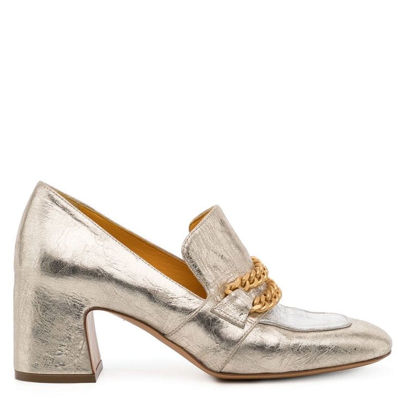 Shop Madison Maison Leather Mid Heel Loafer With Chain In Grey