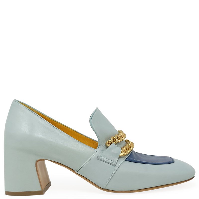 Shop Madison Maison Turq/blue Leather Mid Heel Loafer With Chain