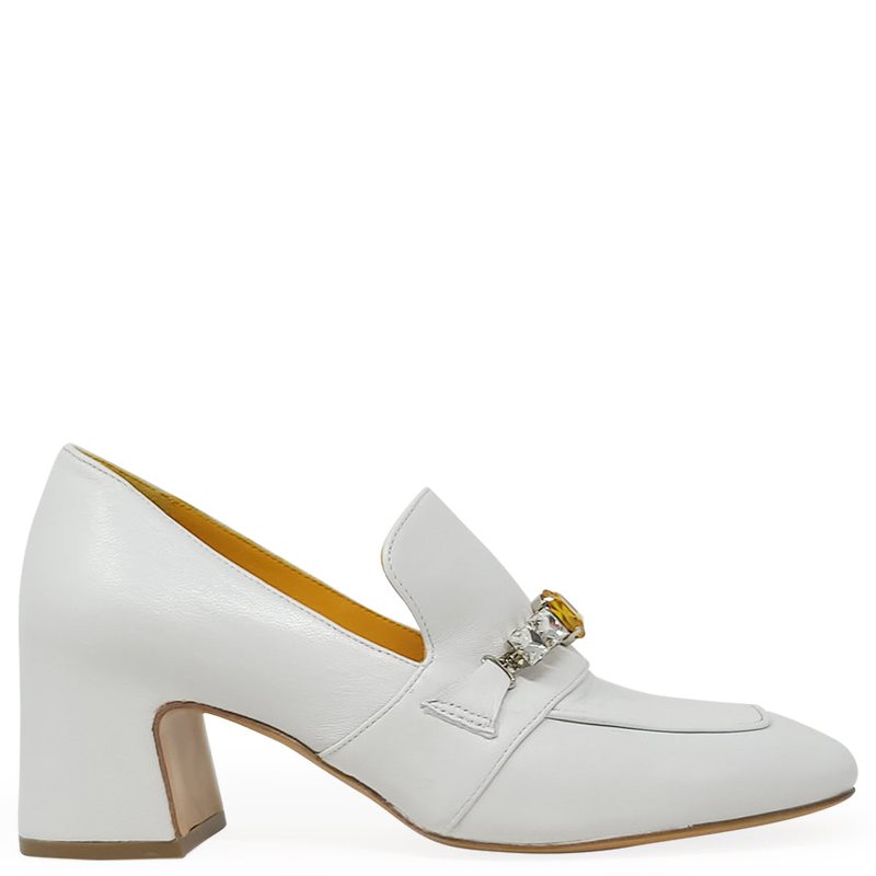 Shop Madison Maison White Leather Mid Heel Jeweled Loafer