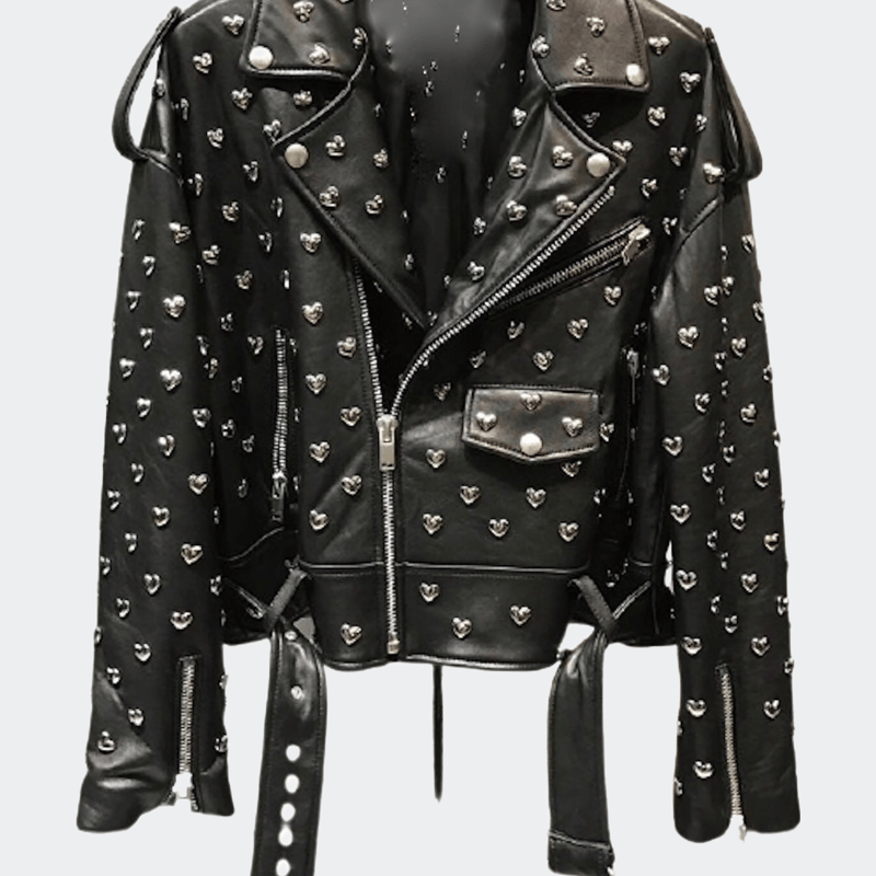 Madonna & Co Heart Stud Leather Moto Jacket In Black