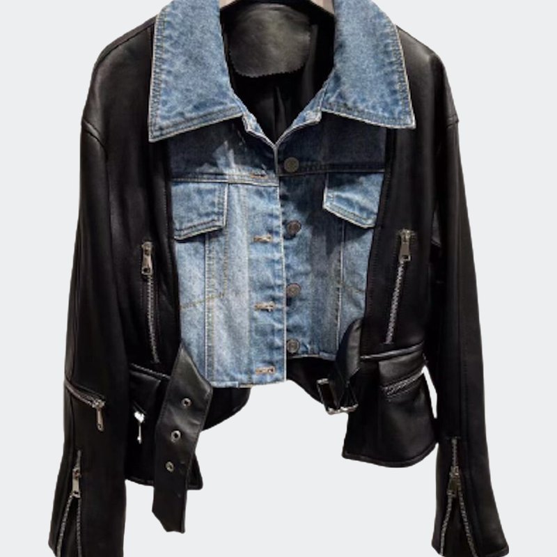 Madonna & Co Leather & Denim Moto Jacket In Black