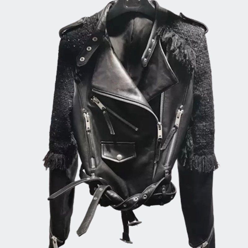 Madonna & Co Leather & Tweed Moto Jacket In Black