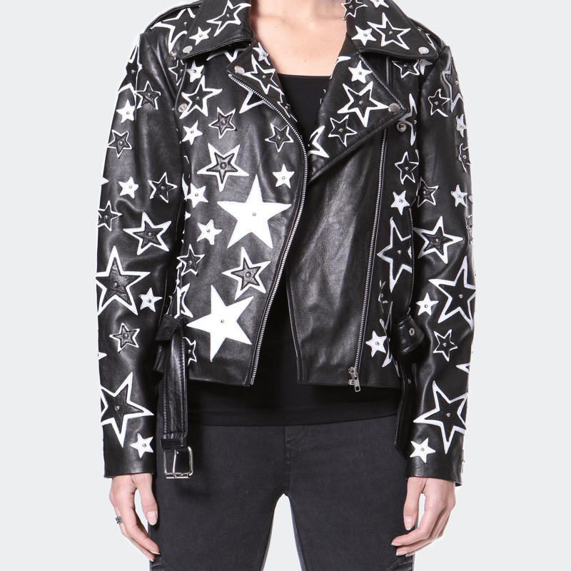 Madonna & Co Star Embroidered Leather Moto Jacket In Black