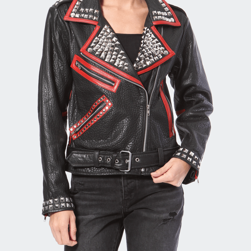 Madonna & Co Stud & Embroidered Leather Moto Jacket In Black
