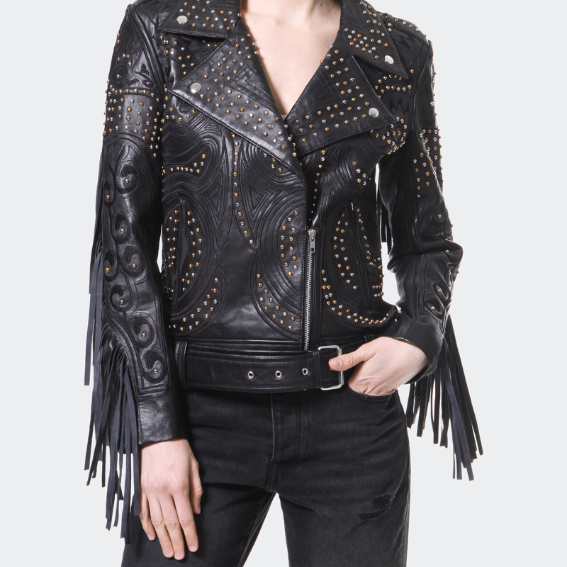 Madonna & Co Studded Fringe Leather Biker In Black