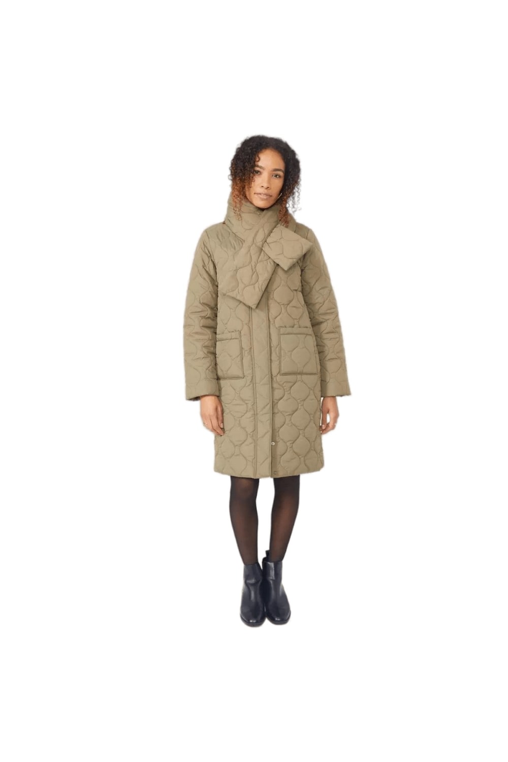 Collarless Padded Coat With Scarf