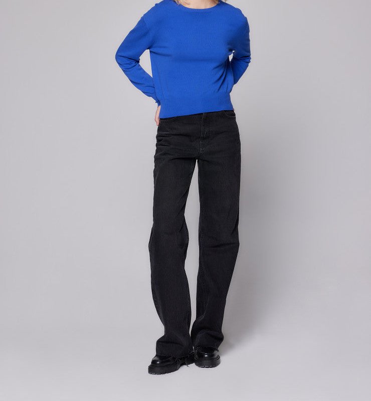Majestic Stretch Organic Cotton Knit Long Sleeve Crewneck Sweater In Blue