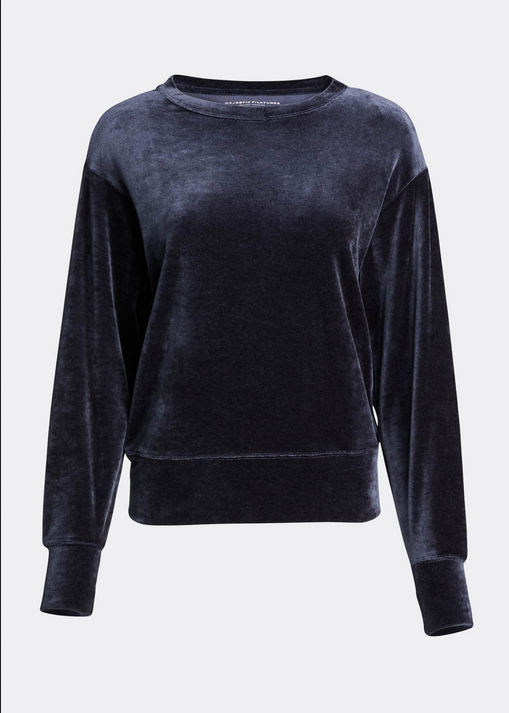 Majestic Velour Long Sleeve Crewneck Pullover In Blue
