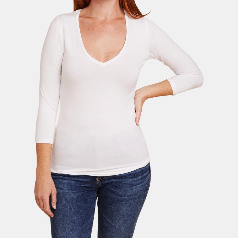 Majestic Soft Touch 3/4 Sleeve V-neck In Blanc