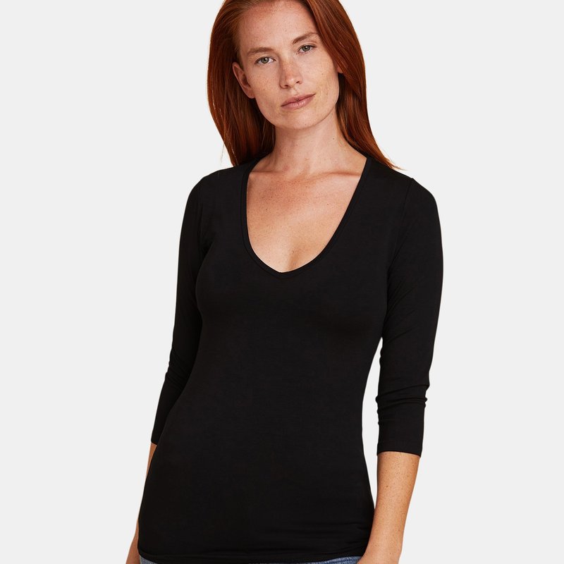 Majestic Soft Touch 3/4 Sleeve V-neck In Noir