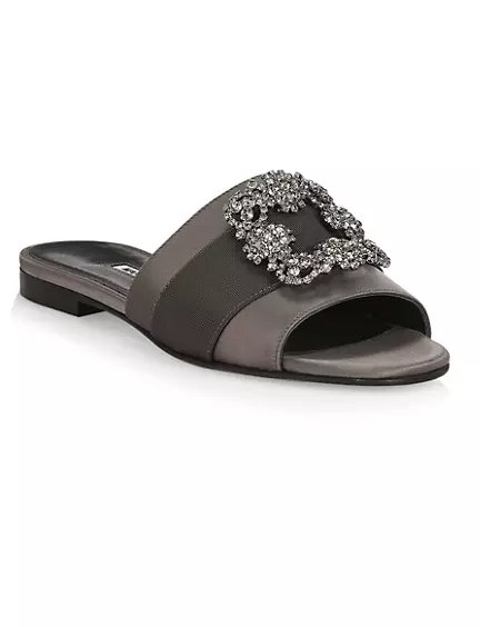 Shop Manolo Blahnik Women Gray Martamod Crystal Embellished Satin Flat Mules Sandals In Grey