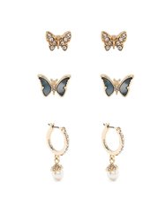 Blue Butterfly Pearl Trio Earrings - Gold