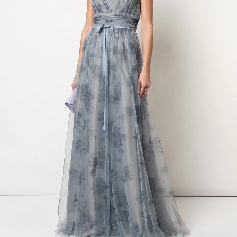 Marchesa Bridesmaids Sleeveless V-neck Tulle Gown In Blue