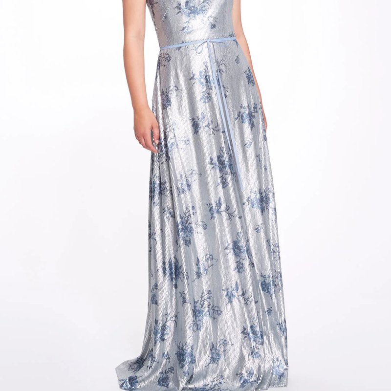 Marchesa Bridesmaids Strapless Printed Sequin Gown In Blue