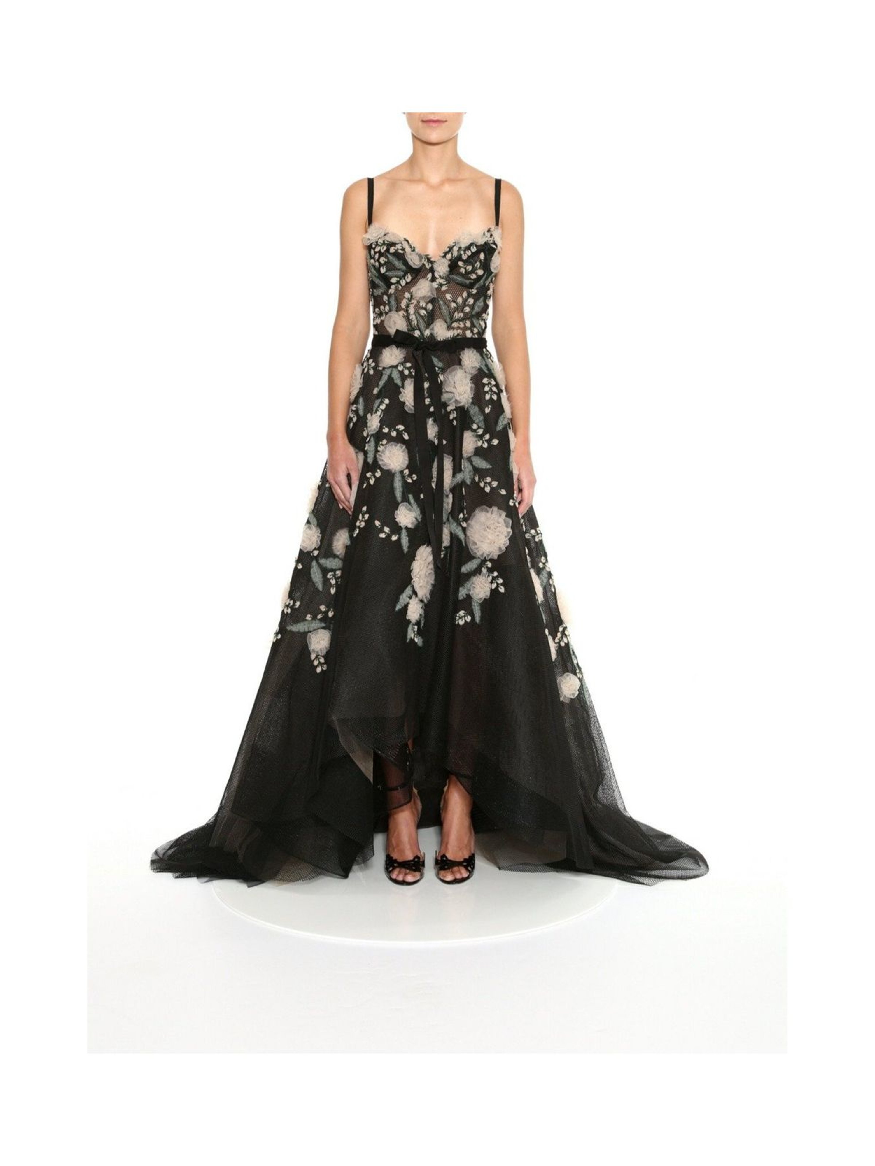 Marchesa Embroidered Fishnet Hi-low Gown In Black